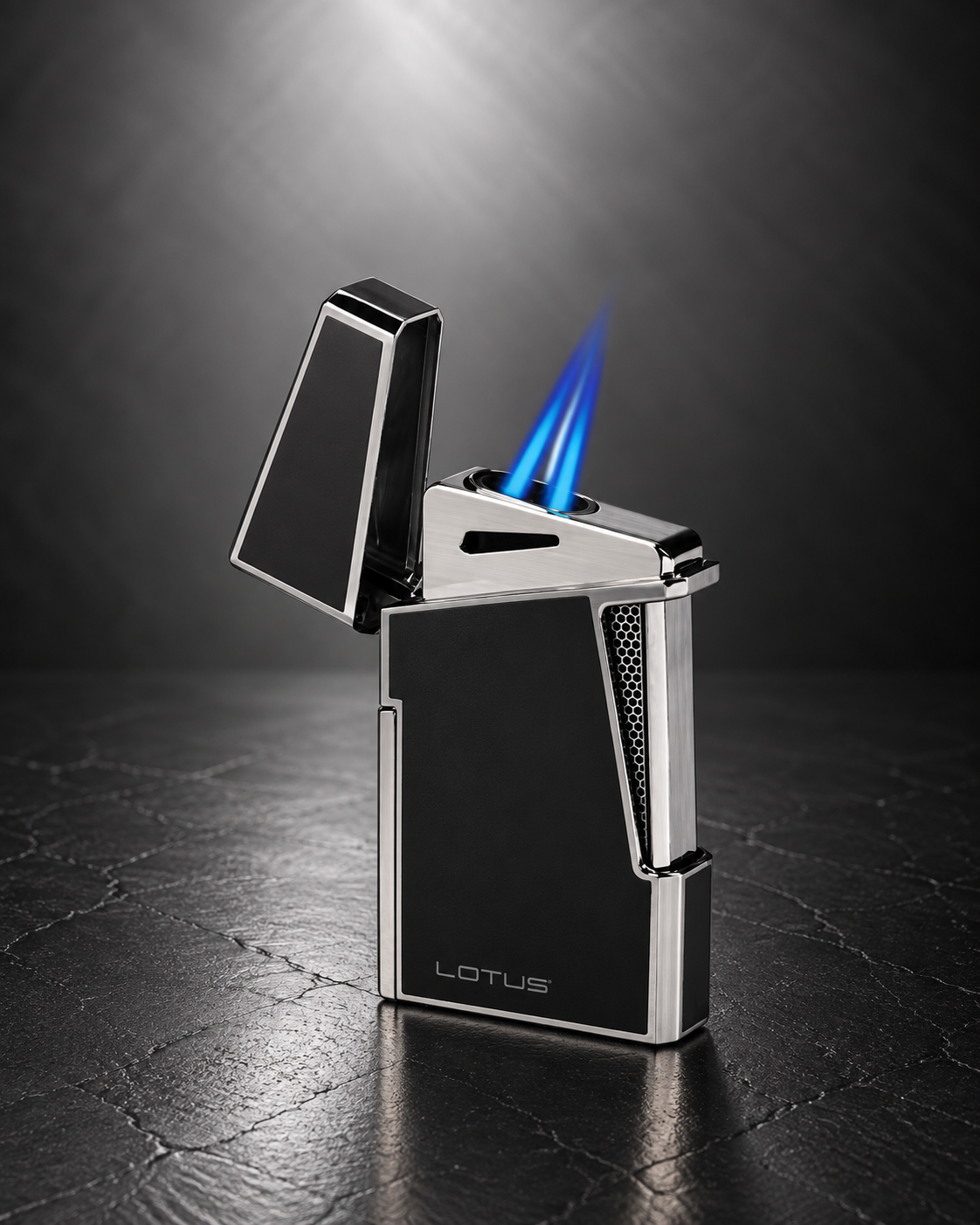Apollo - Lotus Dual Flame Lighter with Punch - Black & Polished Chrome